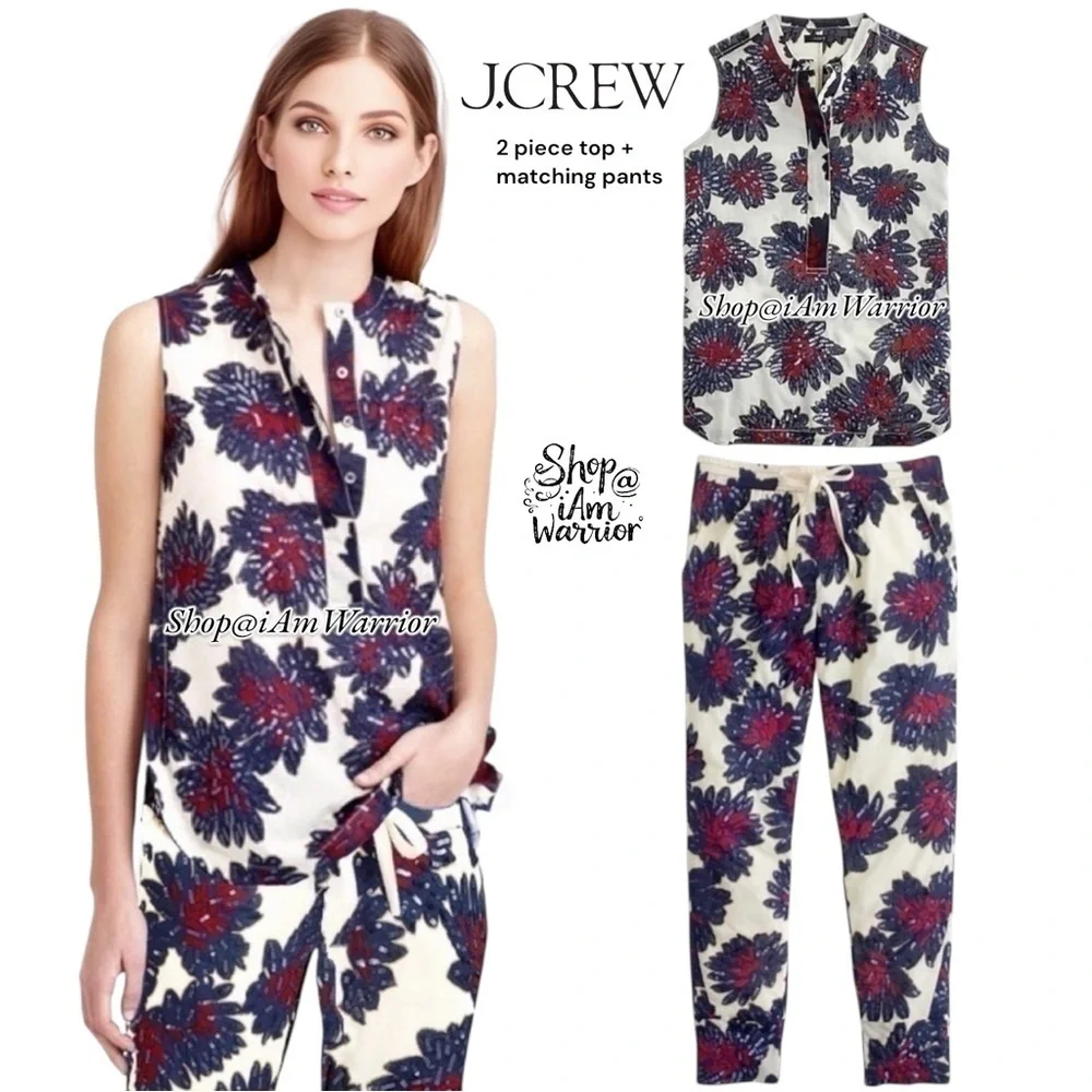J.Crew 2 piece cotton voile sequin firework sleeveless top + pull on jogger